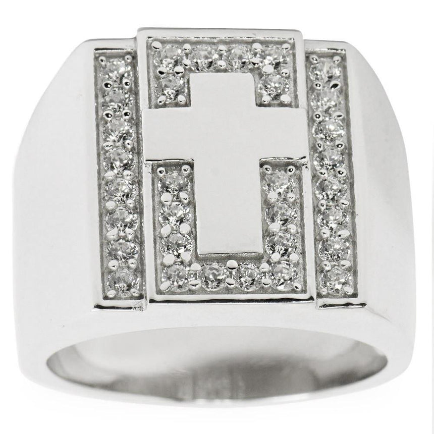 Cross on Crystals Sterling Silver Men's Ring (Size 9) in Silver color