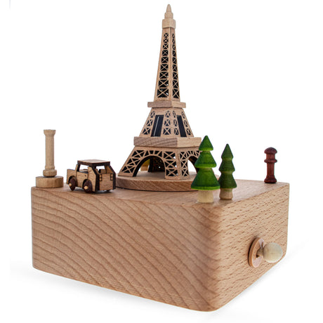 Eiffel Tower, Paris, France Wooden Musical Figurine with Moving Car in Brown color, Square shape