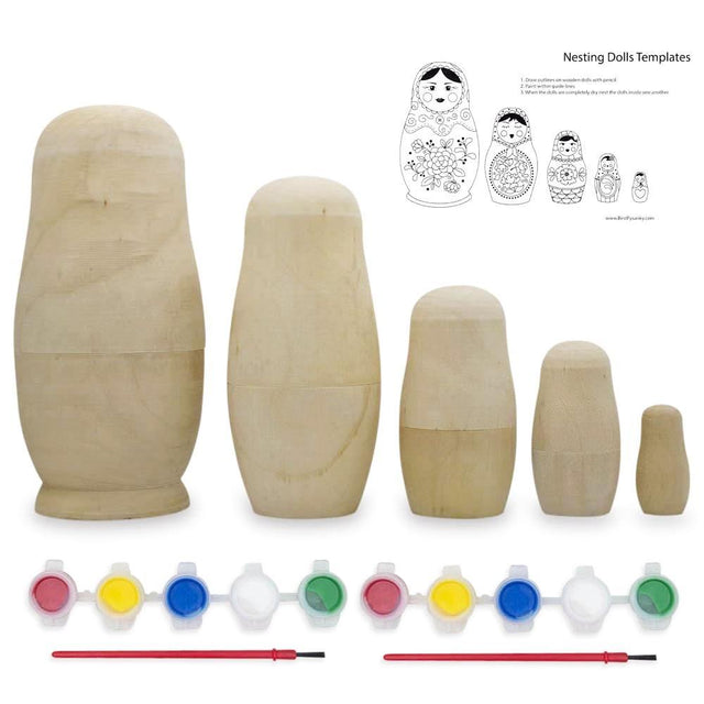 Wood Set of 5 Unfinished Unpainted Wooden Nesting Dolls Craft DIY Kit 6 Inches in beige color