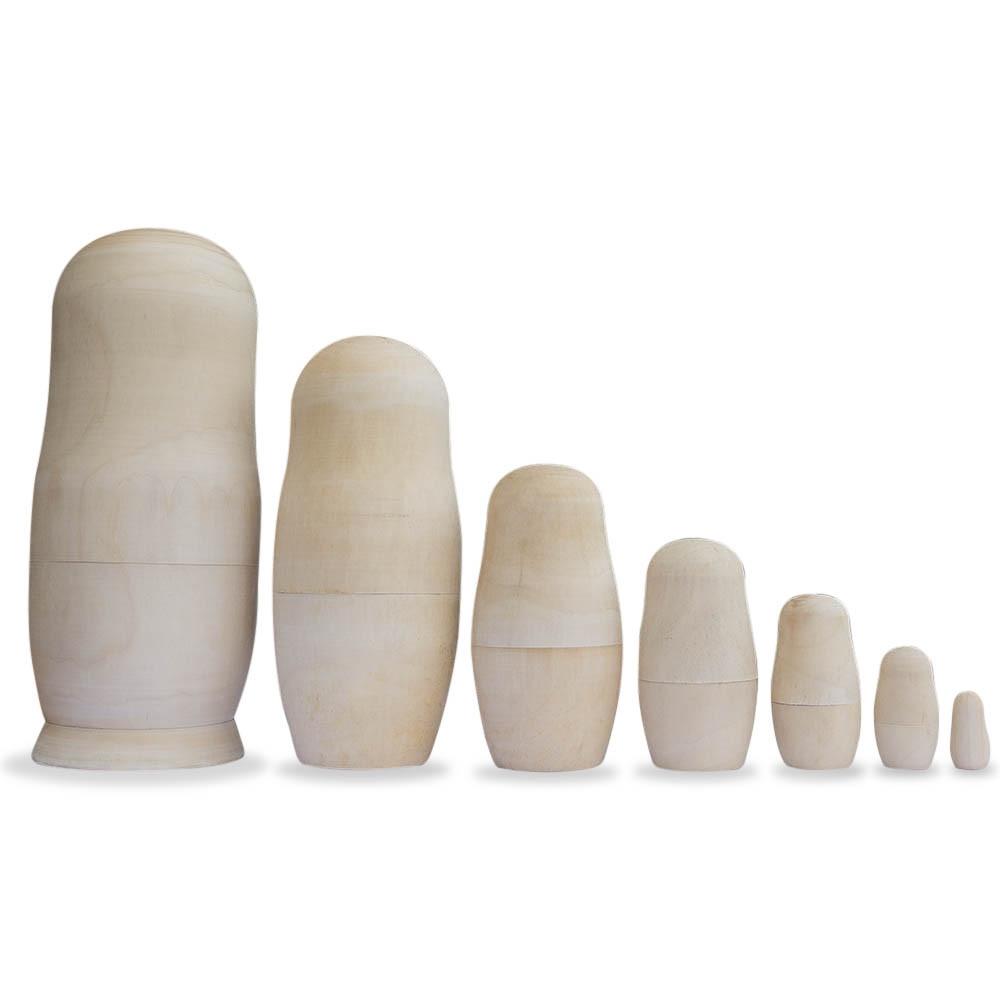 Set of 7 Unpainted Blank Wooden Nesting Dolls 6.75 Inches in beige color,  shape
