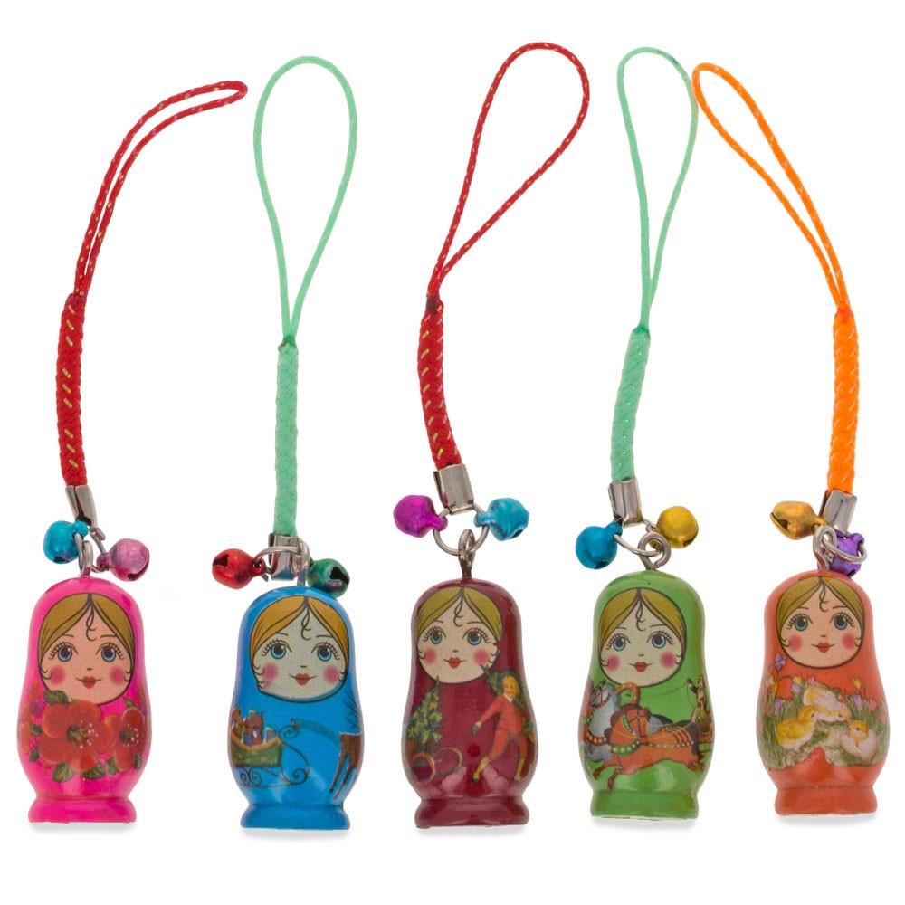 Wood Set of 5 Wooden Dolls Matryoshka Key Chain Charms 1.5 Inches in Multi color