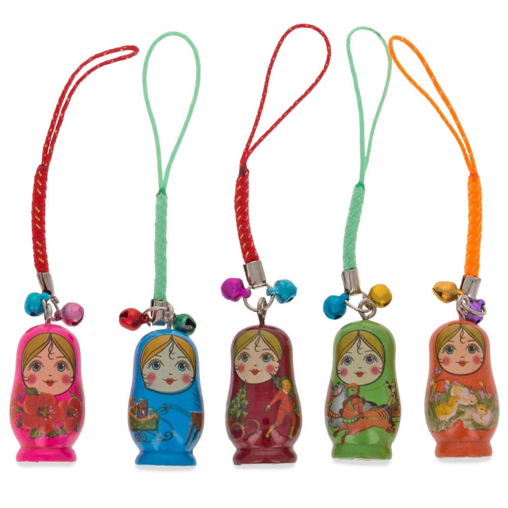 Set of 5 Wooden Dolls Matryoshka Charms for Phones, Bags, Backpacks in Multi color