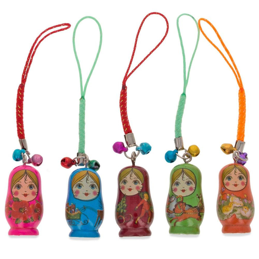 Set of 5 Wooden Dolls Matryoshka Key Chain Charms 1.5 Inches in Multi color