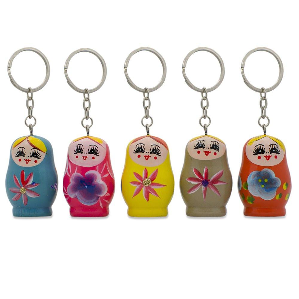 5 Wooden Nesting Dolls Key Chains 1.75 Inches in Multi color