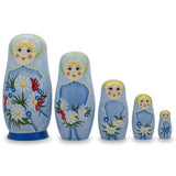 5 Girls with Daisy Flowers & Blue Skirt Wooden Nesting Dolls 6 Inches in blue color,  shape
