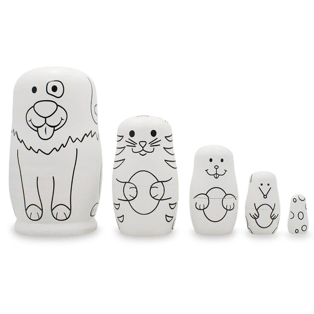 5 Unpainted Animals Wooden Nesting Dolls Matryoshka 4.75 Inches in White color,  shape