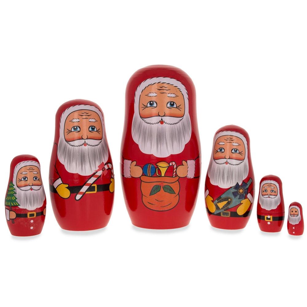 Set of 6 Santa with Christmas Gifts Wooden Nesting Dolls 5.5 Inches in red color,  shape