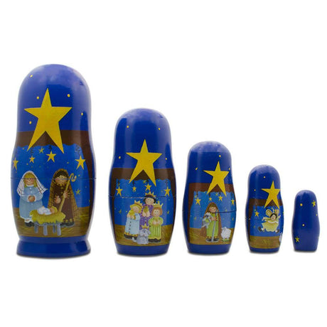 Set of 5 Nativity Scene Set Wooden Nesting Dolls 5.75 Inches in blue color,  shape