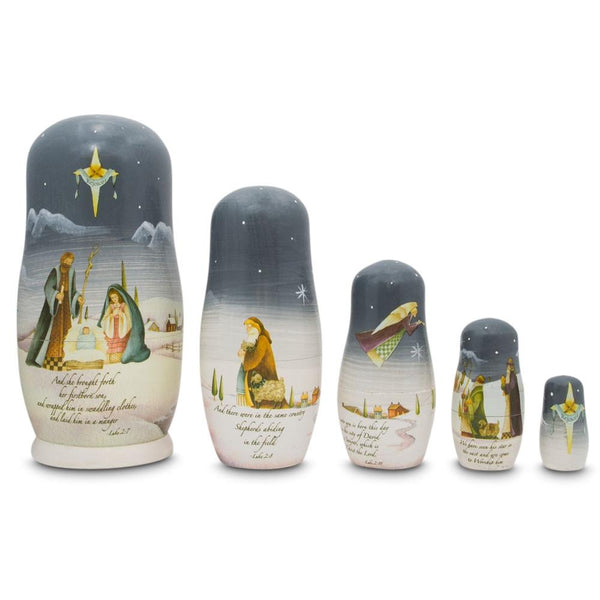Set of 5 Nativity Scene Set with Bible Verses Wooden Nesting Dolls 5.75 Inches in Multi color,  shape