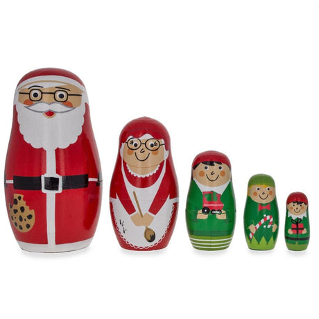 Set of 5 Santa, Mrs. Claus, Elf & Snowman Wooden Nesting Dolls 4.75 Inches in red color,  shape