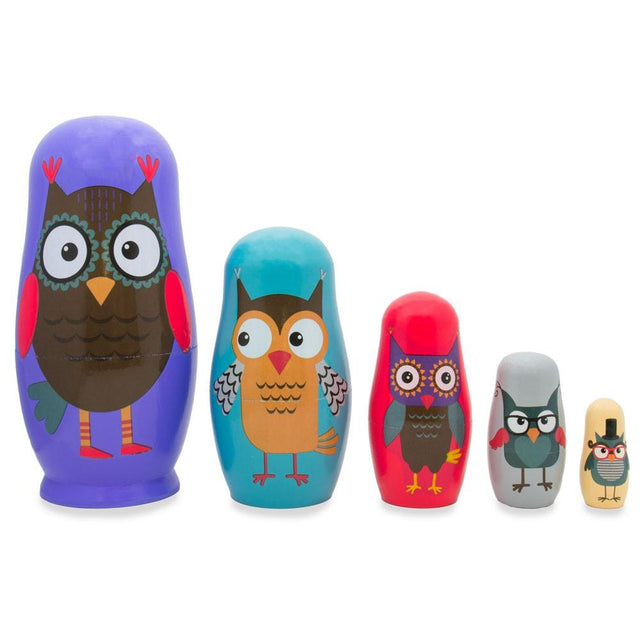 Set of 5 Wise Owls Family Wooden Nesting Dolls 5.75 Inches in purple color,  shape