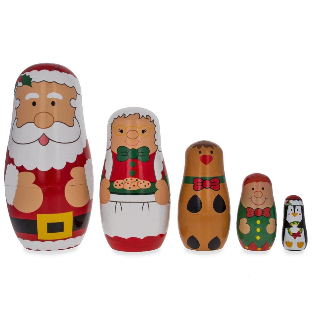 Santa Claus, Mrs. Claus, Reindeer, Elf Wooden Nesting Dolls 6 Inches in red color,  shape