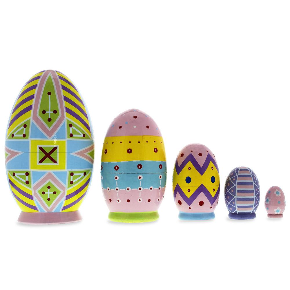 Set of 5 Ukrainian Easter Eggs Pysanky Wooden Nesting Dolls 5 Inches in Multi color, Oval shape