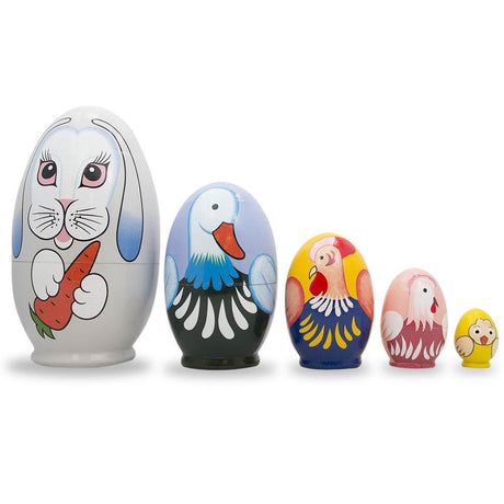Wood 5 Bunny, Duck, Rooster, Hen & Chick Egg Shape Wooden Nesting Dolls 5 Inches in Gray color