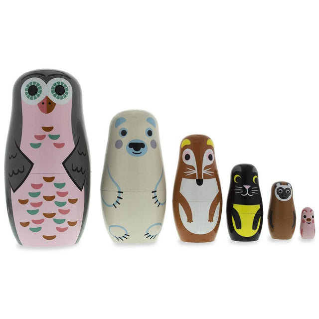 Set of 6 Animals Wooden Nesting Dolls- Owl, Bear, Fox, Cat, Monkey, Pig in pink color,  shape