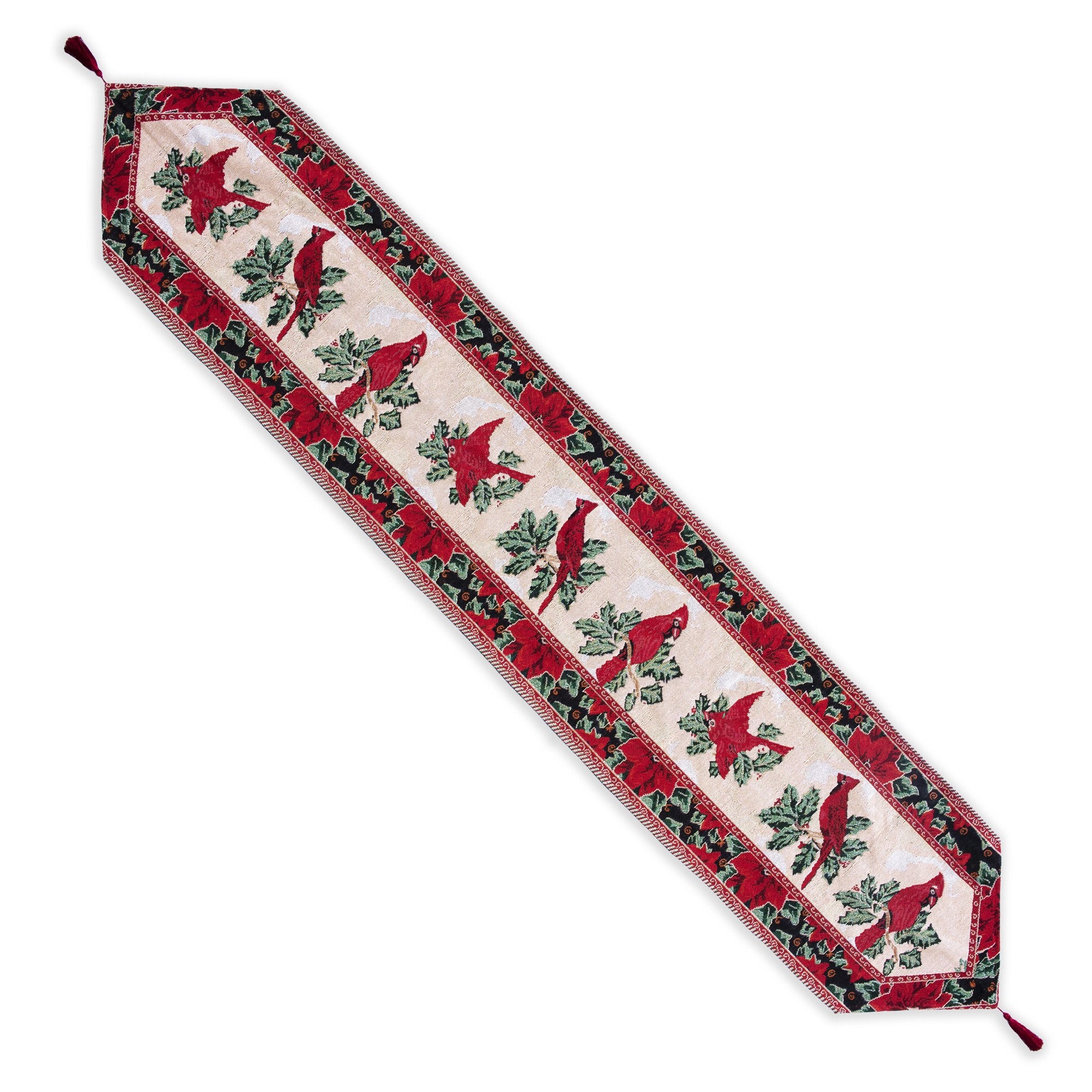 Cardinal, Mistletoe Poinsettia Christmas Tablecloth Holiday Runner 77 Inches in Red color Rectangular