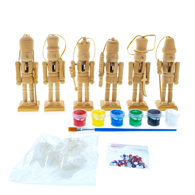 Set of 6 Unfinished Wooden Nutcrackers DIY Craft Kit 5 Inches in Beige color