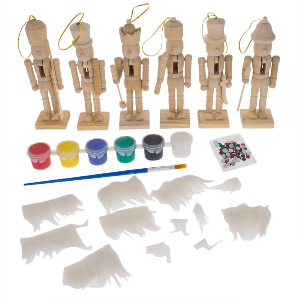 Set of 6 Unfinished Wooden Nutcrackers DIY Craft Kit 5 Inches in Beige color,  shape