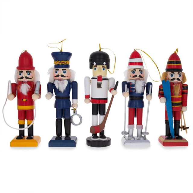 5 Nutcrackers: Firefighter, Policeman, Hockey, Skier, Snowboarder 5 Inches in Blue color,  shape
