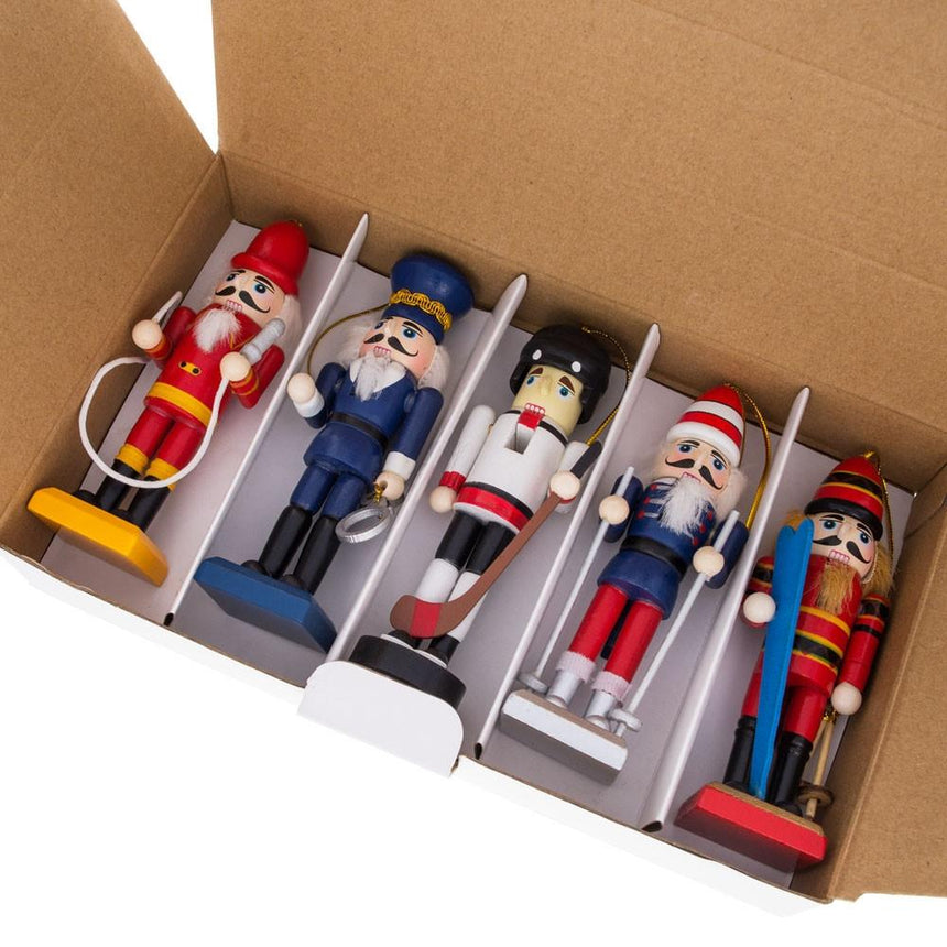 5 Nutcrackers: Firefighter, Policeman, Hockey, Skier, Snowboarder 5 Inches , dimensions in inches: 5 x 10 x 6
