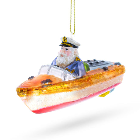 Captain Santa on a Boat Glass Christmas Ornament in Multi color