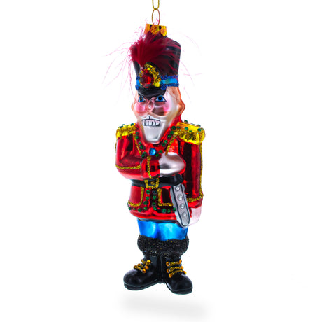 Elegant Nutcracker Soldier with Fur Hat - Artisan Blown Glass Christmas Ornament in Red color,  shape