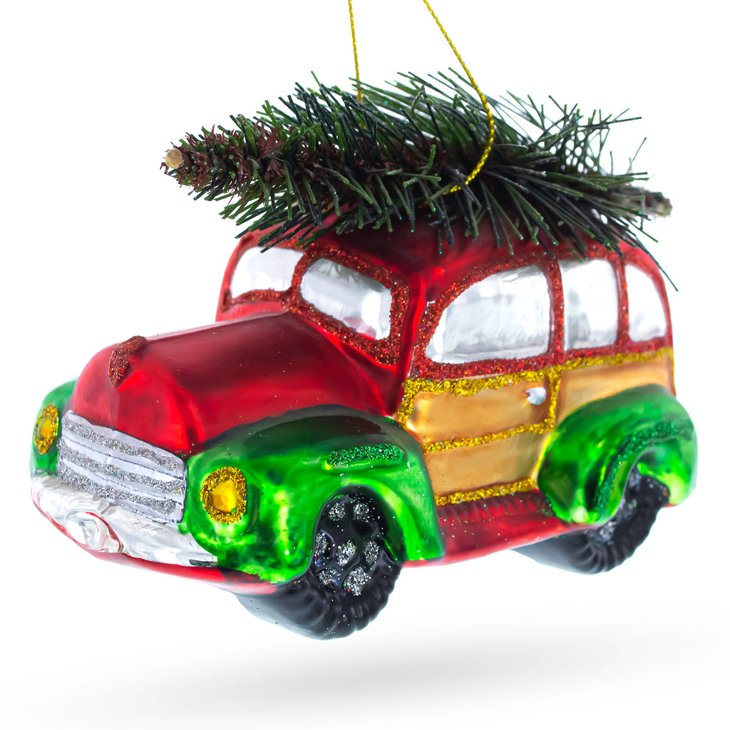 Car Carrying Tree Glass Christmas Ornament in Red color Figurine