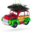 Car Carrying Tree Blown Glass Christmas Ornament in Multi color