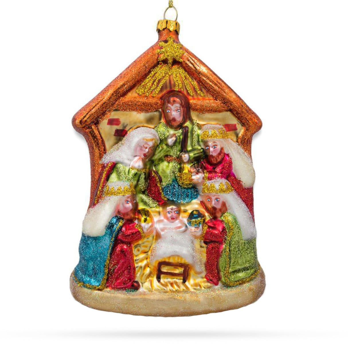 Glass Magnificent Large Nativity Scene - Blessed Blown Glass Christmas Ornament in Gold color
