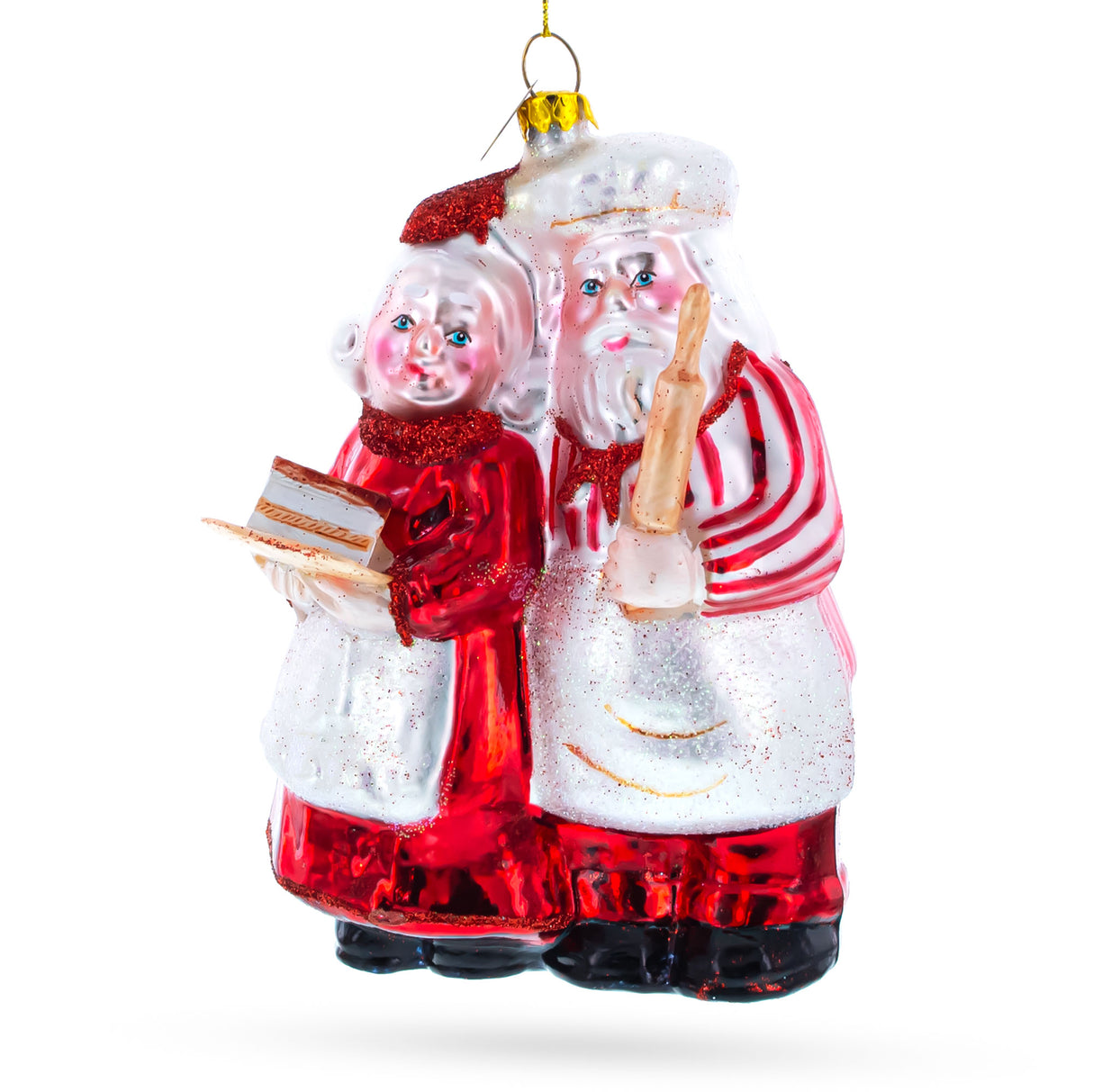 Delightful Mr. and Mrs. Santa Claus Baking Cake - Handcrafted Blown Glass Christmas Ornament in Red color,  shape