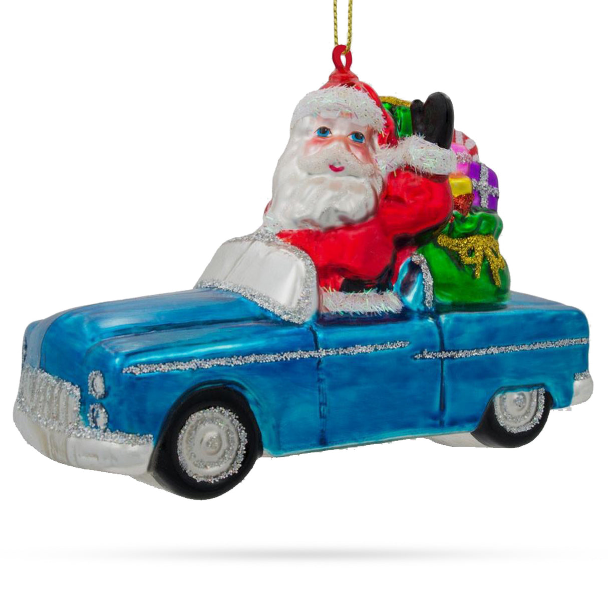 Jolly Santa in Convertible Car Loaded with Gifts - Blown Glass Christmas Ornament in Multi color,  shape
