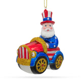 Patriotic Uncle Sam Santa Driving a Car - Blown Glass Christmas Ornament in Multi color,  shape
