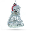 Glass Polar Bear in Festive Red Christmas Hat - Splendid Blown Glass Christmas Ornament in Silver color
