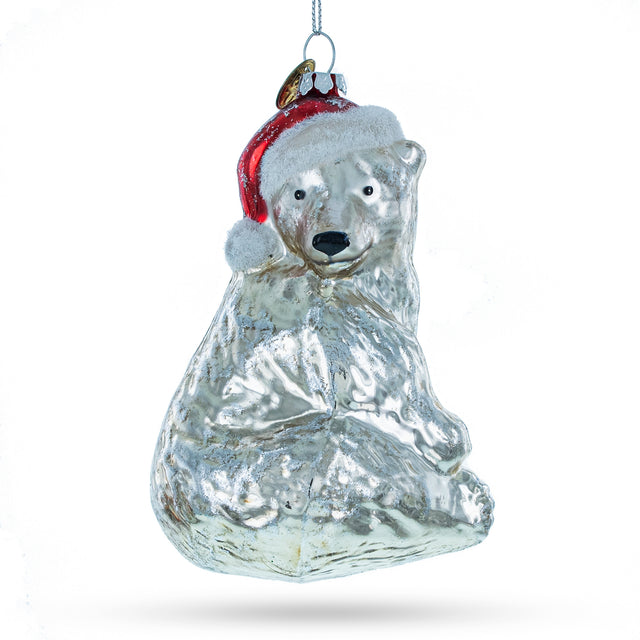Polar Bear in Festive Red Christmas Hat - Splendid Blown Glass Christmas Ornament in Silver color,  shape
