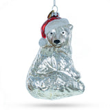 Polar Bear in Santa Hat Glass Christmas Ornament in Silver color