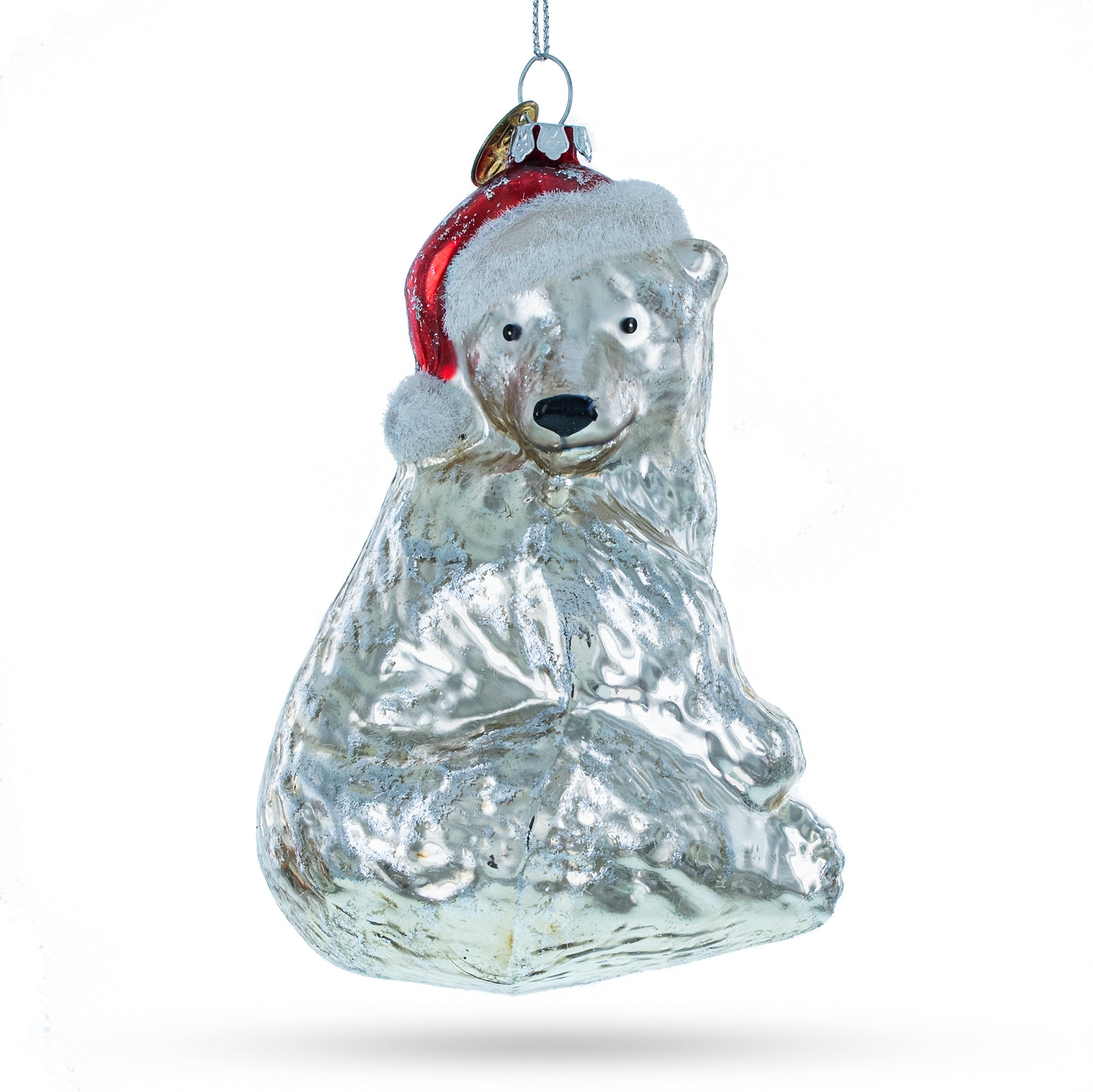Polar Bear in Santa Hat Glass Christmas Ornament in Silver color Figurine