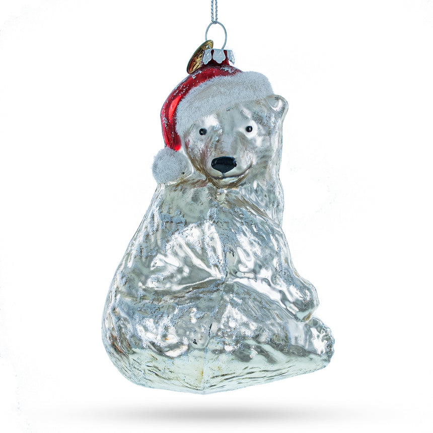 Polar Bear in Santa Hat Glass Christmas Ornament in Silver color