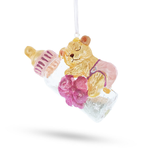 Sleeping Teddy Bear on Pink Glass Bottle - Baby's First - Delicate Blown Glass Christmas Ornament in Pink color,  shape