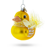 Yellow Duck Adorned with Fabric Bow - Lustrous Blown Glass Christmas Ornament in Yellow color,  shape