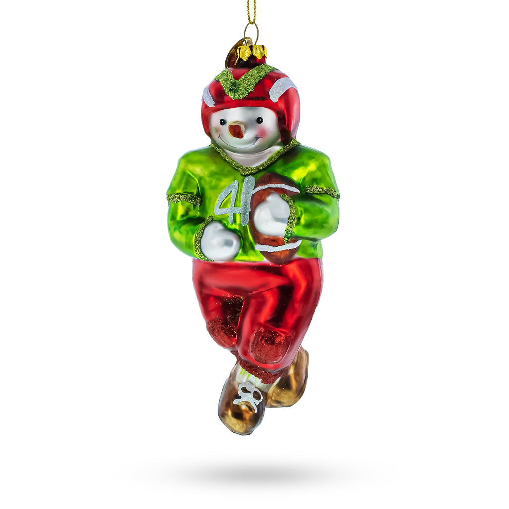 Snowman Playing Football Glass Christmas Ornament in Red color Figurine