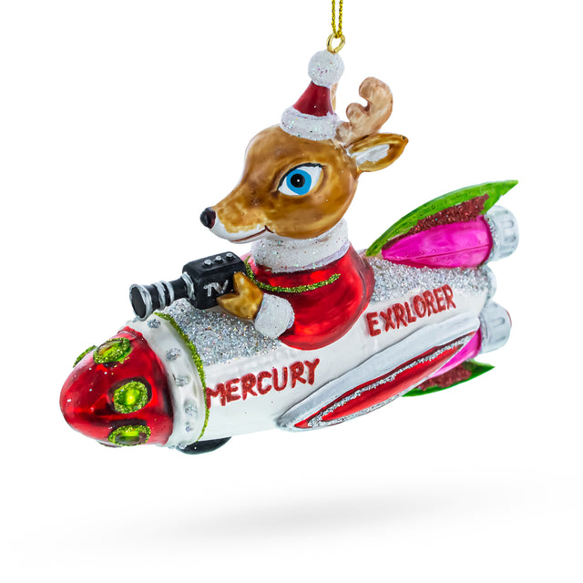 Innovative Deer Cameraman Aboard Space Rocket - Blown Glass Christmas Ornament in Multi color,  shape