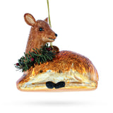 Deer with Wreath Glass Christmas Ornament in Brown color