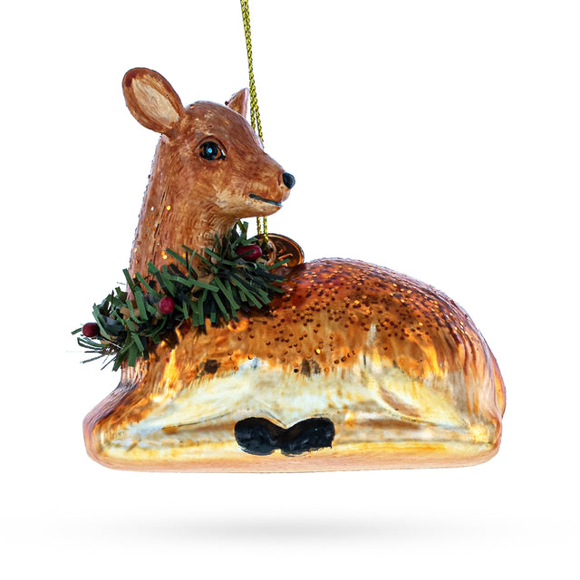 Glass Graceful Deer Adorned with Christmas Wreath - Magnificent Blown Glass Christmas Ornament in Brown color