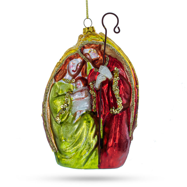 Sacred Nativity Scene - Spiritual Blown Glass Christmas Ornament in Red color,  shape