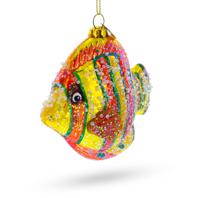 Colorful Aquarium Fish Scene - Dazzling Blown Glass Christmas Ornament in Yellow color,  shape