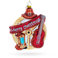 Western Ensemble with Guitar, Cowboy Boots Glass Christmas Ornament in Red color Figurine