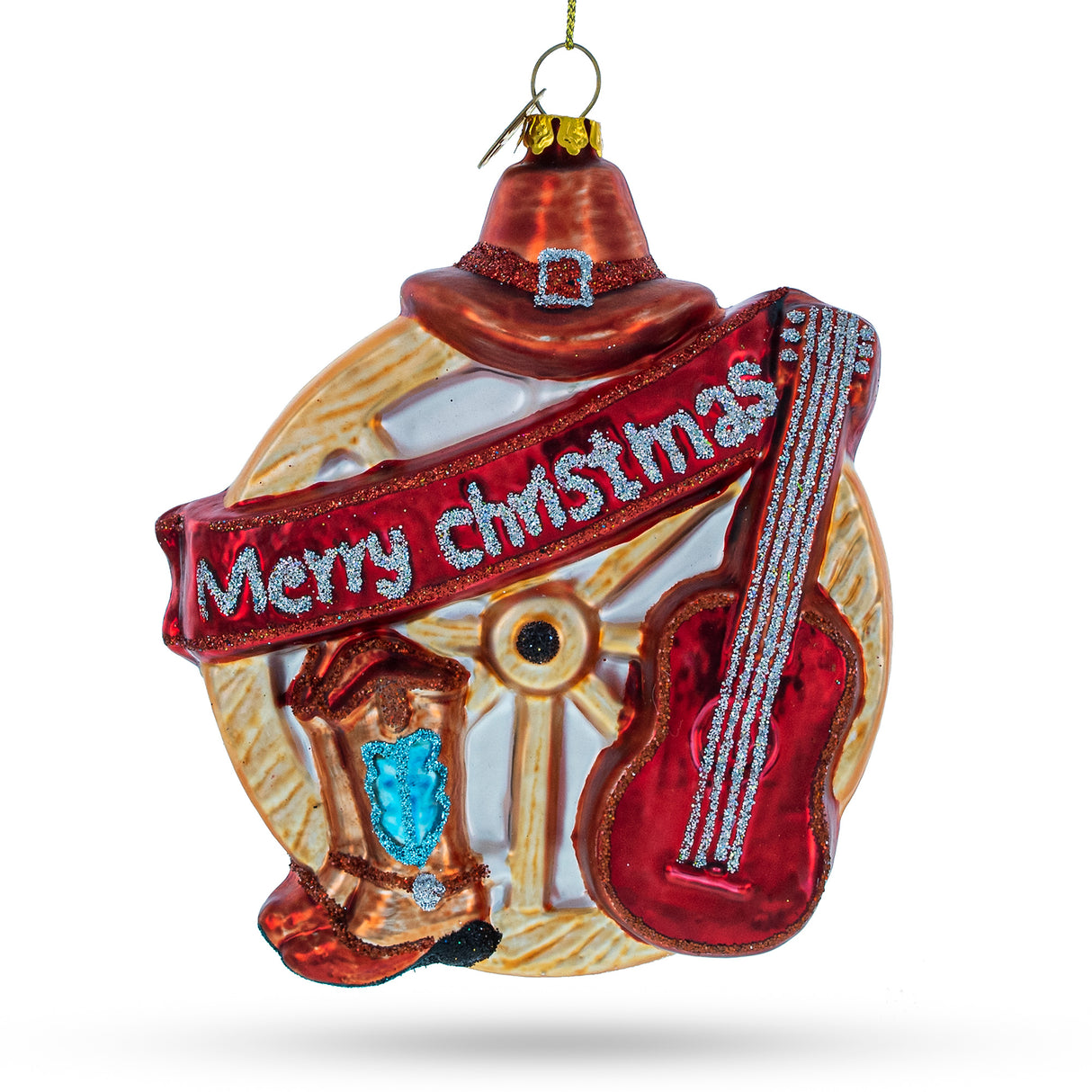Western Ensemble with Guitar, Cowboy Boots, Hat, and Wheel - Festive Blown Glass Christmas Ornament in Red color,  shape