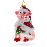 Pig in Santa Hat Glass Christmas Ornament in Pink color