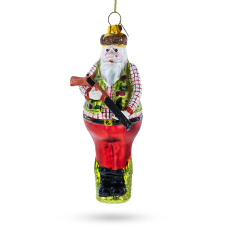 Lumberjack Hunter Santa Blown Glass Christmas Ornament in Multi color