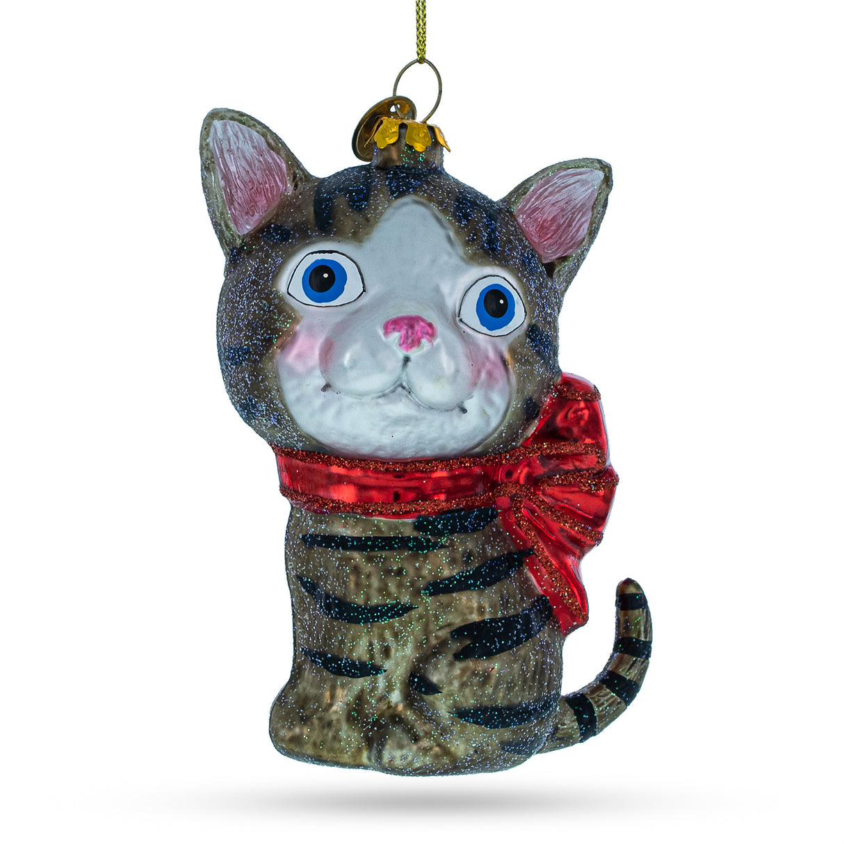 Captivating Blue-Eyed Cat - Elegant Blown Glass Christmas Ornament in Multi color,  shape